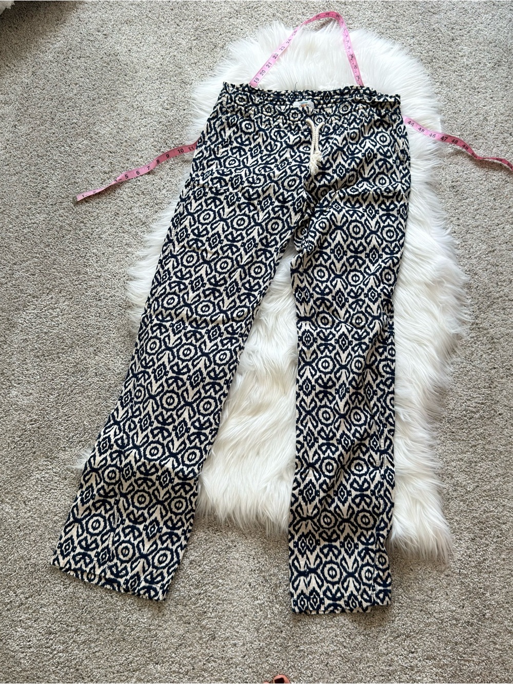 Navy & Cream Geometric Print linen beach Pants